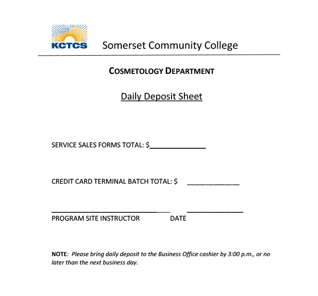 example of Daily Deposit Sheet for the Cosmetology Department