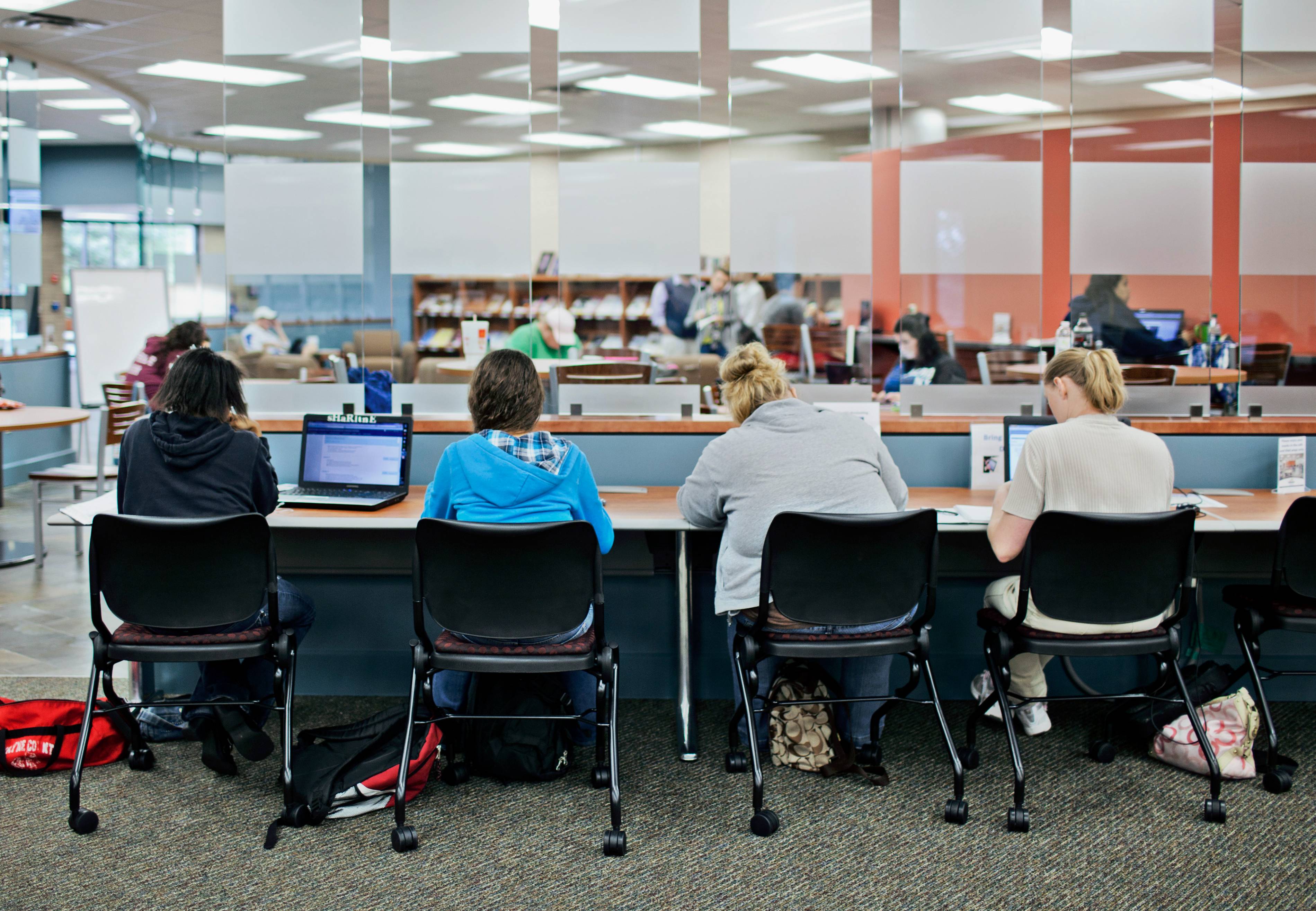 students on computer in library