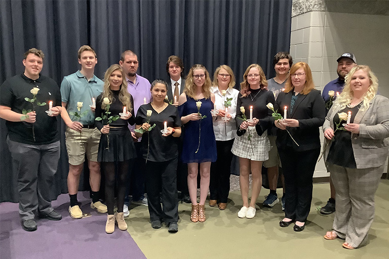 SCC’s Omicron Zeta chapter of Phi Theta Kappa inducted 13 students in a formal ceremony at Somerset Campus. They are [back row, left to right] Issiah Brittian (Williamsburg), Ethan Meggs (Somerset), Kenneth Chadwell (Barbourville), Scott R Maynard (Brodhead), Savannah Stapleton (London), Gavin Slone (Corbin), Tyler Robertson (Louisville); [front row, left to right] Haley McAlpin (Somerset), Maria Fuentes (Russell Springs), MacKenzie Sizemore (London), Allyson Holman (London), Alyssa Rodefer (Rockcastle), and Anna M Wilson (Somerset).