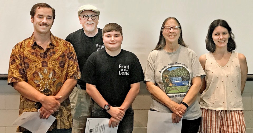 Pictured are (from left) third-place winner Dr. Zachariah Renfro of Somerset; club founding member Stuart Simpson; two-time second-place winner Jed Newcom of Russell County; two-time first-place winner Peggy Yaeger of Corbin; and club member and event emcee Amanda Vanhook.