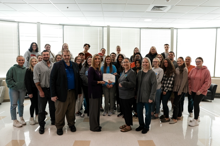 SCC First- and second-year respiratory care students along with SCC respiratory care faculty and Christina Carr with her award presented to her by Crystal Buck- KSRC Cumberland Valley District Representative.