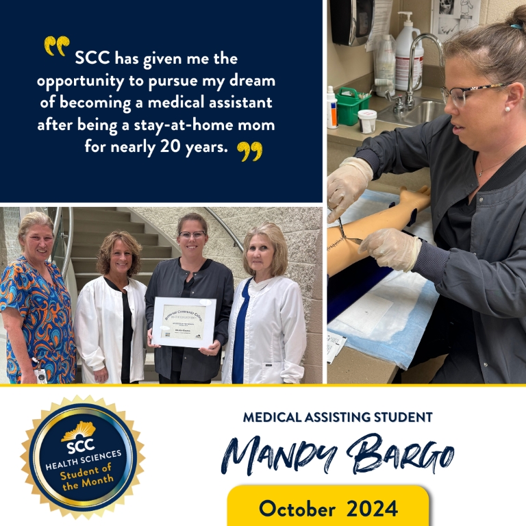 SCC Health Sciences Student of the Month October 2024: Mandy Bargo, Medical Assisting Student (quote in article)