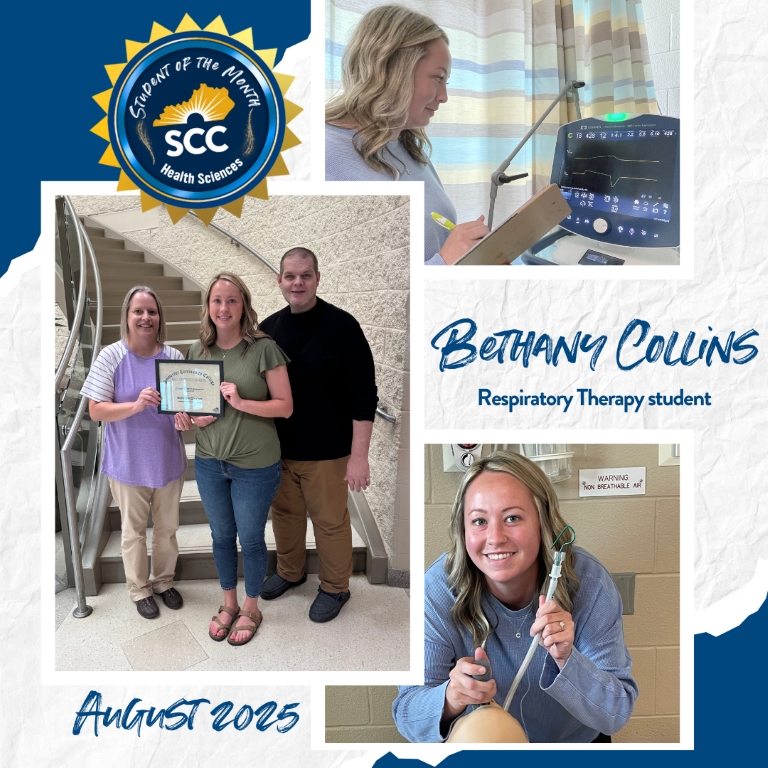 SCC Health Sciences Student of the Month for August 2025: Bethany Collins, Respiratory Therapy student (images described in article)