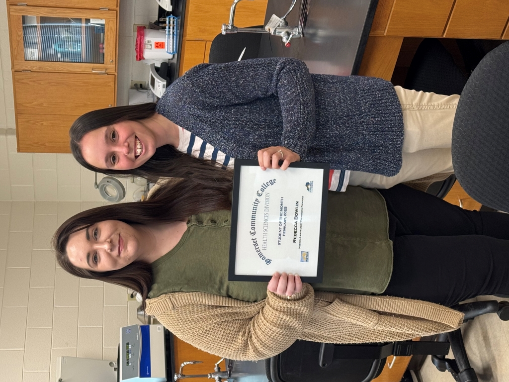 from left to right, are Rebecca Bowlin and MLT faculty member Courtney Edwards with the certificate