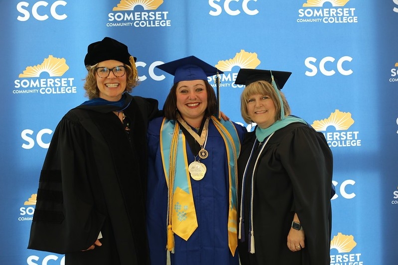 SCC Professor of Biology and Honors Program Director, Dr. Amanda Waterstrat Marissa Graham and SCC Professor of Student Success, Kimberly Toby pose for a picture at graduation.