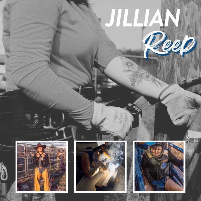 Jillian Reed in different scenarios: climbing as a lineworker, posing at a rodeo in chaps, welding, and riding a bull