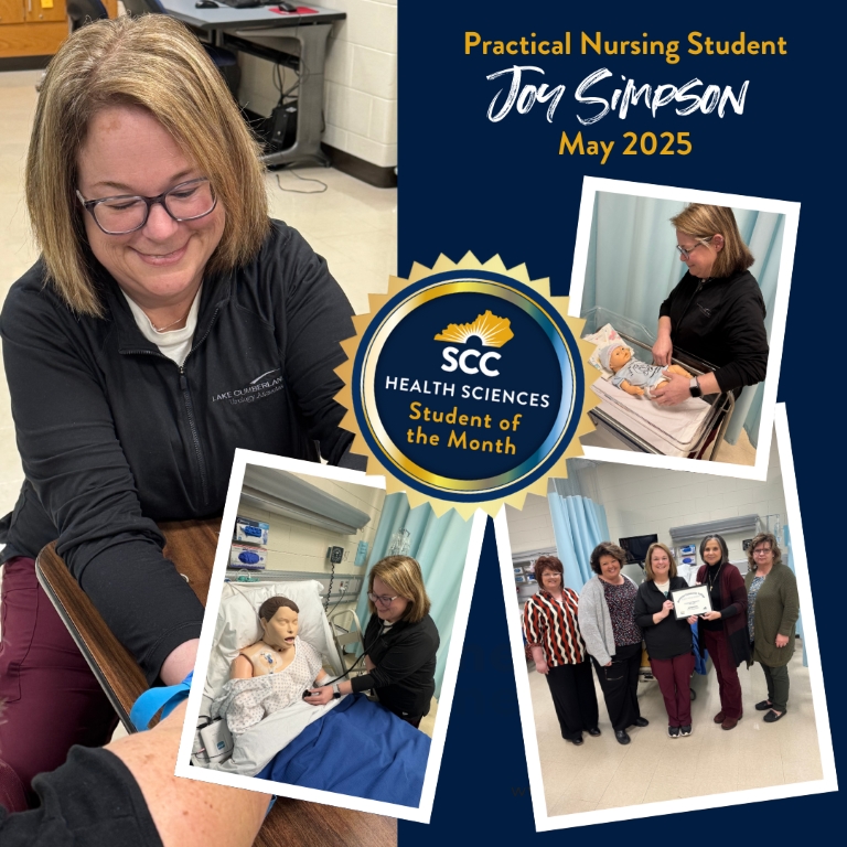 Joy Simpson, PN Student, Health Sciences Student of the Month for May 2025: various images of Joy practicing PN skills and also smiling with some SCC Nursing faculty