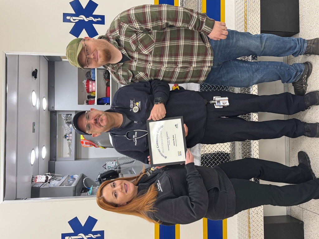 From left to right: Samantha Feldman- EMS-Paramedic Program Director; SCC student John Rusin; and Jimmie Foster- EMS-Paramedic Director of Clinical Education.