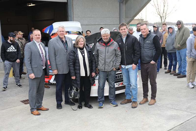 From left to right: SCC Laurel Campus Director, Travis McQueen. SCC president and CEO, Dr. Carey Castle. London-Laurel Chamber of Commerce CEO, Deanna Herrmann. Rally car driver Javier Castro. Samuel Curry and Travis Curry.