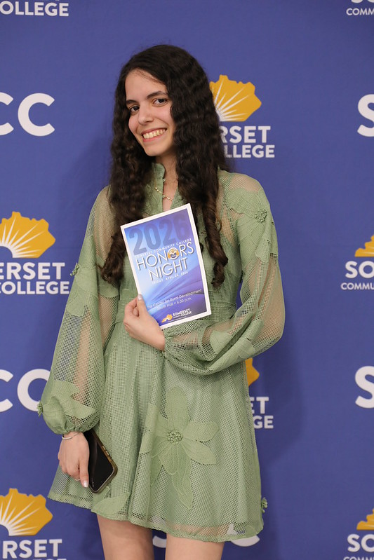SCC Visual Communications student posing before she is recgnized at the evening ceremony.