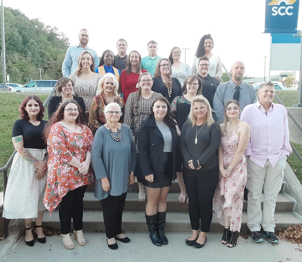 SCC’s Omicron Zeta chapter of Phi Theta Kappa inducted 22 students on Sept. 29 at SCC’s Laurel Campus. They are (back row, left to right) Barron Killion of London, Trent Watson of Stanford, Caleb Long of Monticello, Bethany Phelps of Somerset, and Jennifer Aleshire of Pine Knot; (third row, L of R) Kallie Powell of Monticello, Michelle Mwasumbi of London, Sierra Roberts of Somerset, Loren Queener of Corbin, and Hope Salyers of Liberty; (second row, L to R) Josette Pitman of Somerset, Kimberly Brown of London, Danielle Dobbs of Somerset, Heather Leach of London, and Mitchell New of Somerset; (front row, L to R) Nicole Flannery of London, Megan Wright of Somerset, Kathryn Spradley of London, Lakyn Collins of Somerset, Amanda Merkel of Somerset, Elizabeth Hoskins of Monticello, and Cori Brinson of Somerset. 