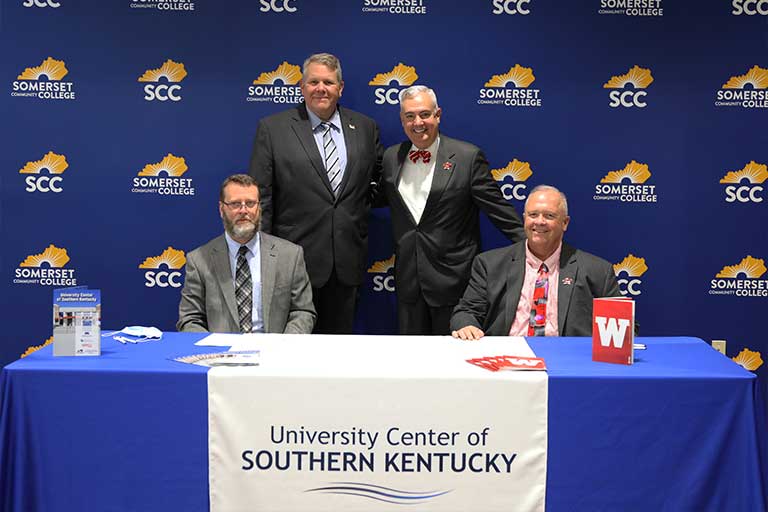 Dr. Clint Hayes, Senior Vice President of Academic Affairs, President Carey Castle, WKU President Caboni and Provost Robert “Bud” Fischer.  Western Kentucky University (WKU) and the University Center of Southern Kentucky (UCSK) have signed a Memorandum of Agreement to offer a 2+2 Elementary Education degree completion in Somerset and the Lake Cumberland Region. 